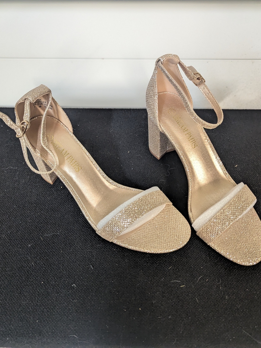 Sparkling Gold Block Heel Sandals with Ankle Strap